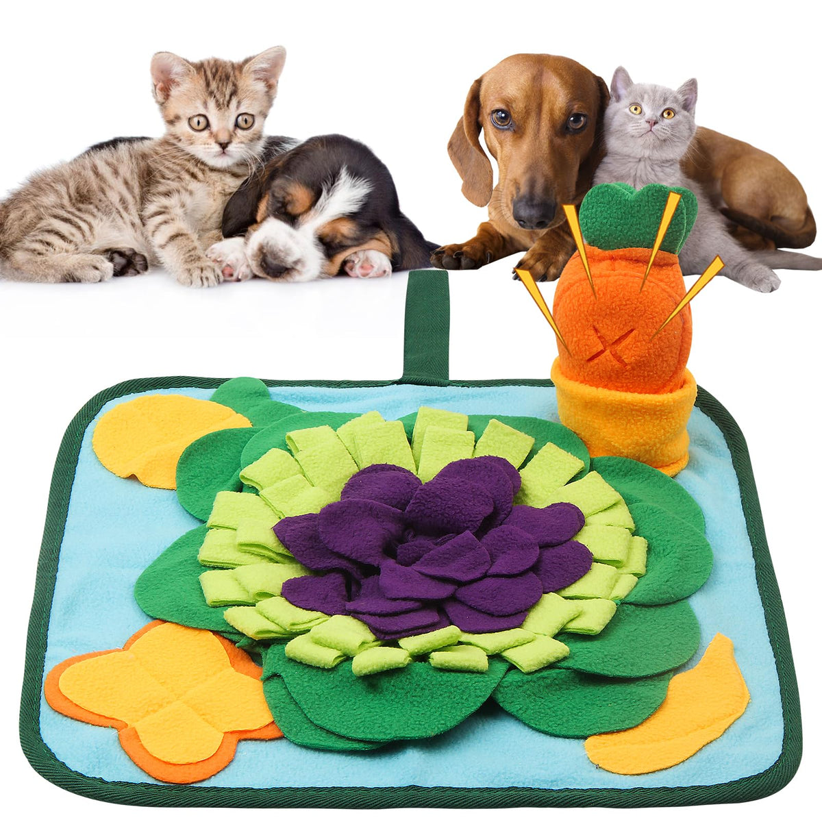 Dog using a snuffle mat indoors to burn mental energy